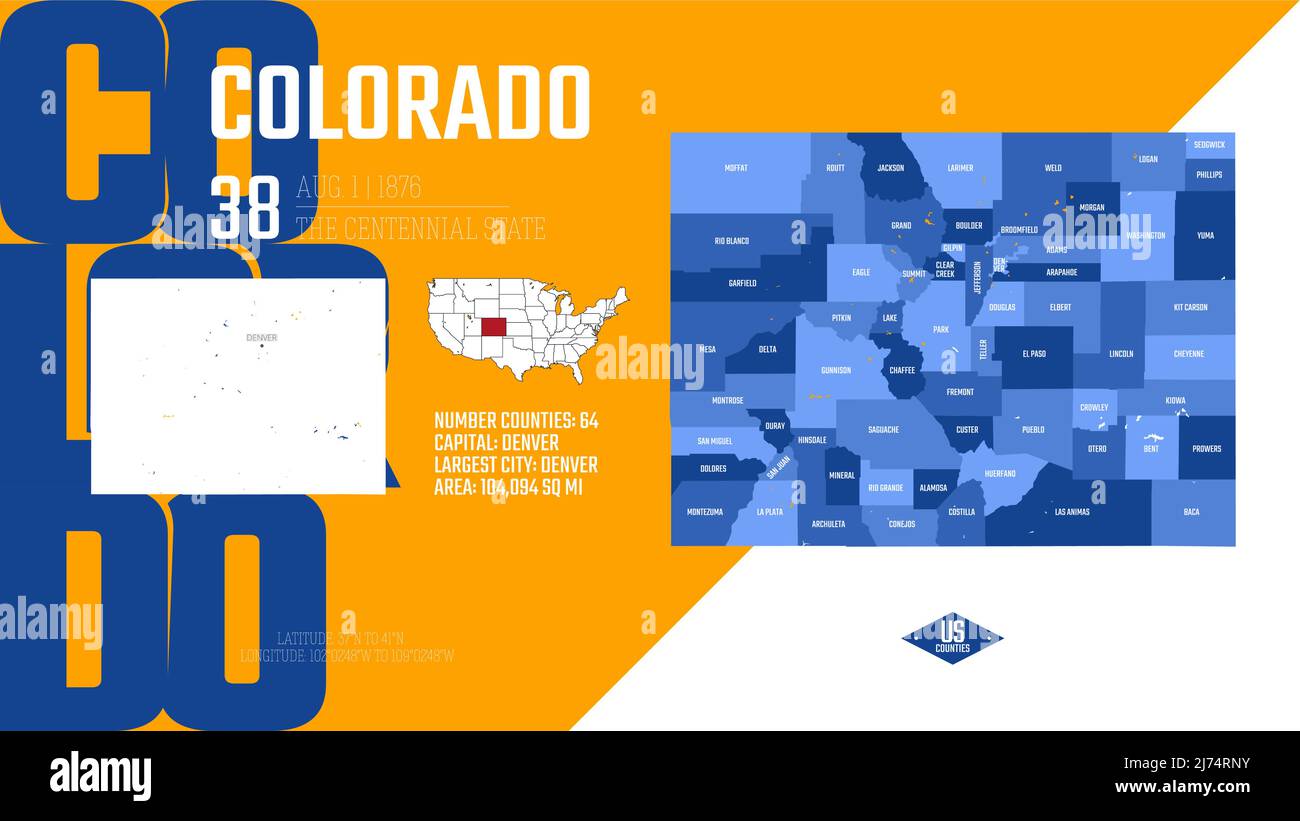 38 di 50 stati degli Stati Uniti, divisi in contee con soprannomi di territorio, mappa dettagliata del vettore Colorado con nome e data ammessi al Illustrazione Vettoriale