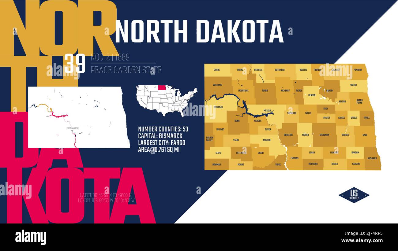 39 di 50 stati Uniti, divisi in contee con nickname di territorio, vettore dettagliato North Dakota Mappa con nome e data ammessi a. Illustrazione Vettoriale