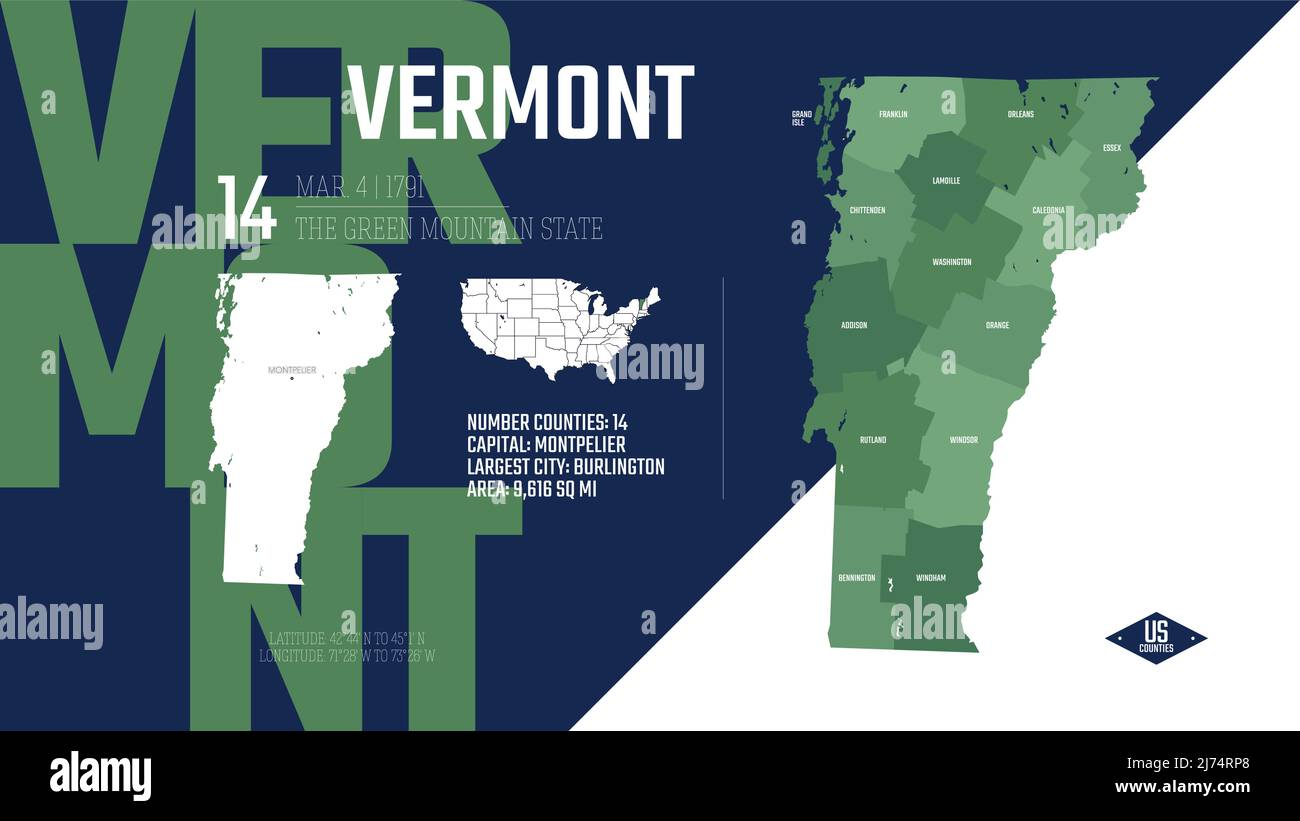14 di 50 stati Uniti, divisi in contee con soprannomi di territorio, vettore dettagliato Vermont Map con nome e data ammessi alla U Illustrazione Vettoriale