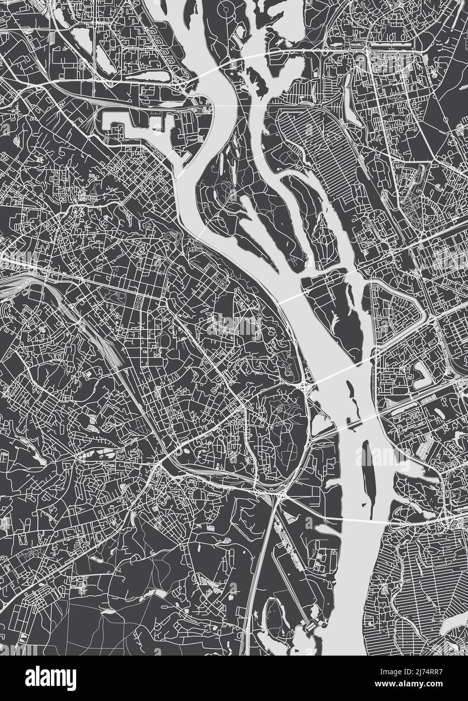 Mappa della città di Kiev, piano dettagliato monocromatico, illustrazione vettoriale Illustrazione Vettoriale