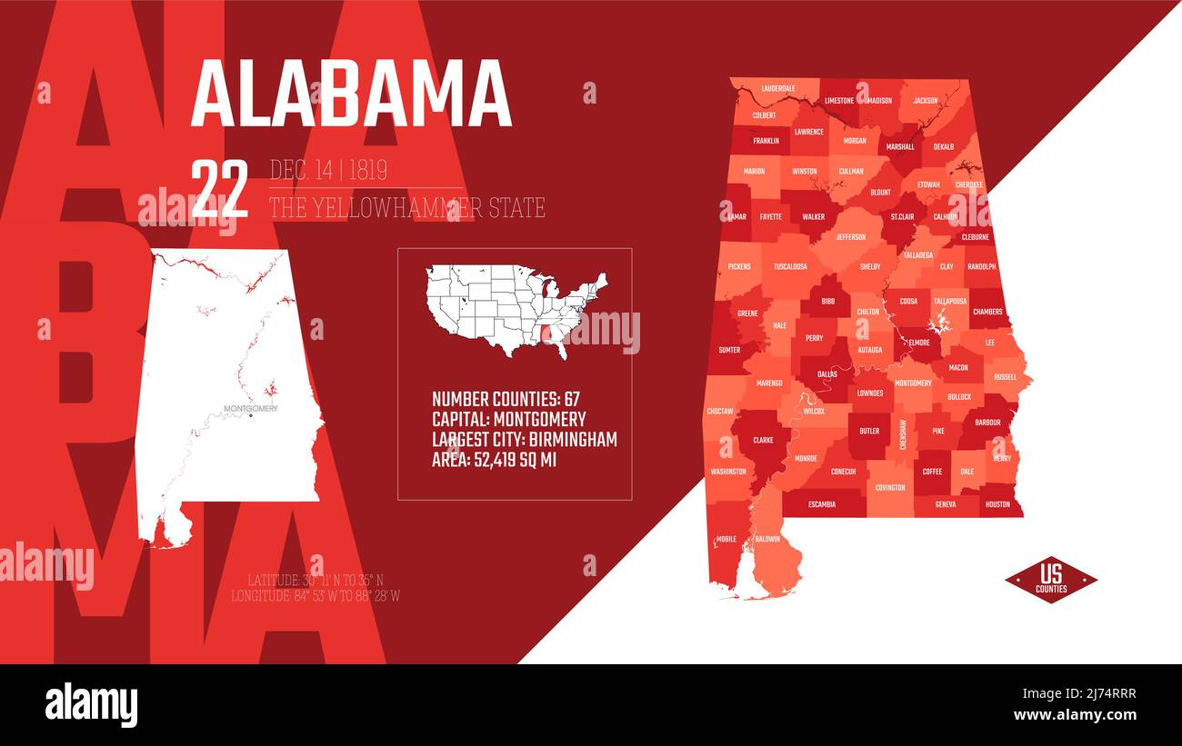 22 di 50 stati degli Stati Uniti, divisi in contee con soprannomi di territorio, vettore dettagliato Alabama Map con nome e data ammessi alla U. Illustrazione Vettoriale