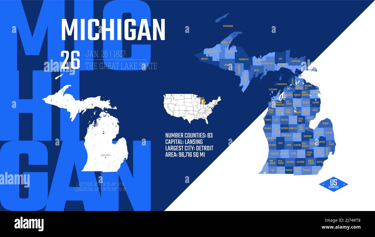 26 di 50 stati degli Stati Uniti, divisi in contee con nickname di territorio, mappa dettagliata del vettore Michigan con nome e data ammessi al Illustrazione Vettoriale