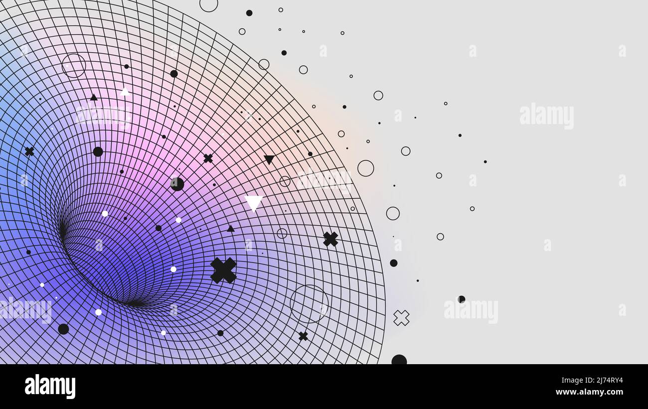 Retrofuturistic vaporwave buco nero, tunnel o wormhole su spazio curvo, Vector poster con strani wireframe di forme geometriche moderni desi Illustrazione Vettoriale