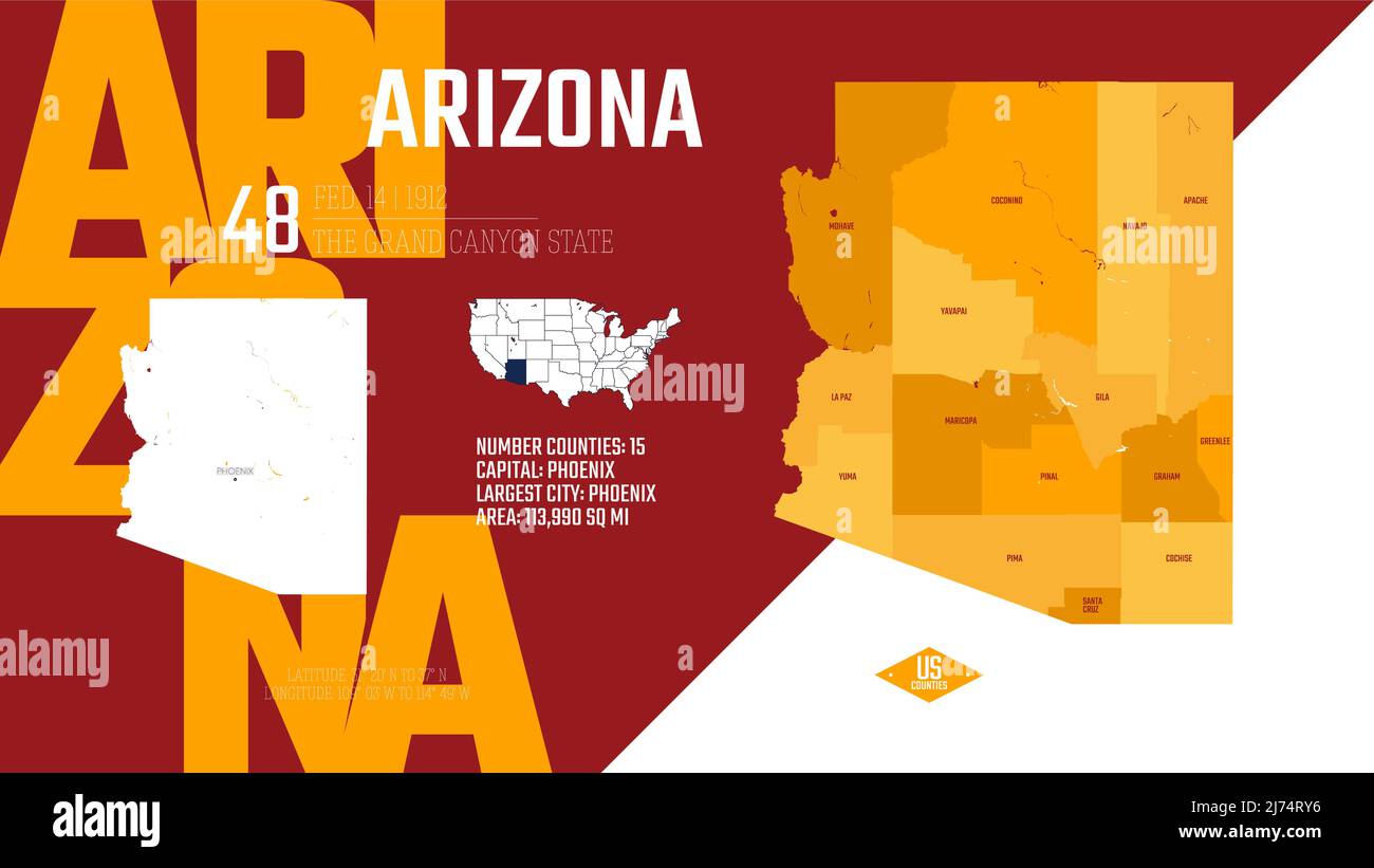 48 di 50 stati degli Stati Uniti, divisi in contee con soprannomi di territorio, vettore dettagliato Arizona Map con nome e data ammessi alla U. Illustrazione Vettoriale