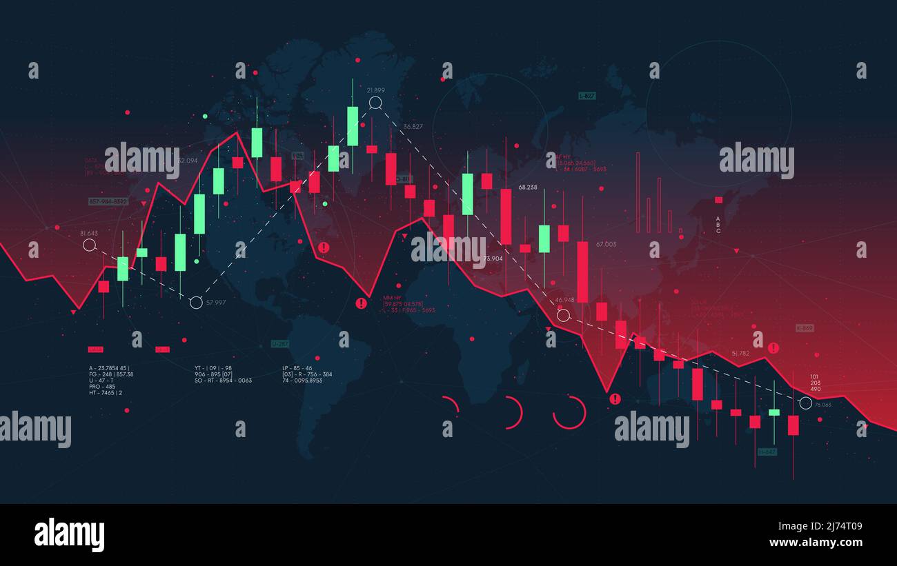 Grafico dell'analisi dei mercati finanziari sullo sfondo della mappa mondiale, della caduta e della crisi dell'economia globale, relazione dell'analisi delle imprese; Illustrazione Vettoriale