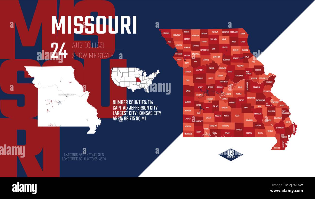 24 di 50 stati Uniti, suddivisi in contee con soprannomi di territorio, mappa dettagliata del vettore Missouri con nome e data ammessi al Illustrazione Vettoriale