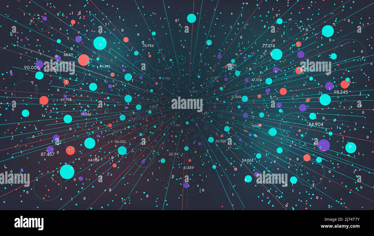 Metodo futuristico di analisi e ordinamento di grandi database, visualizzazione del flusso di informazioni digitali, analisi tecnologica dello streaming mondiale Illustrazione Vettoriale