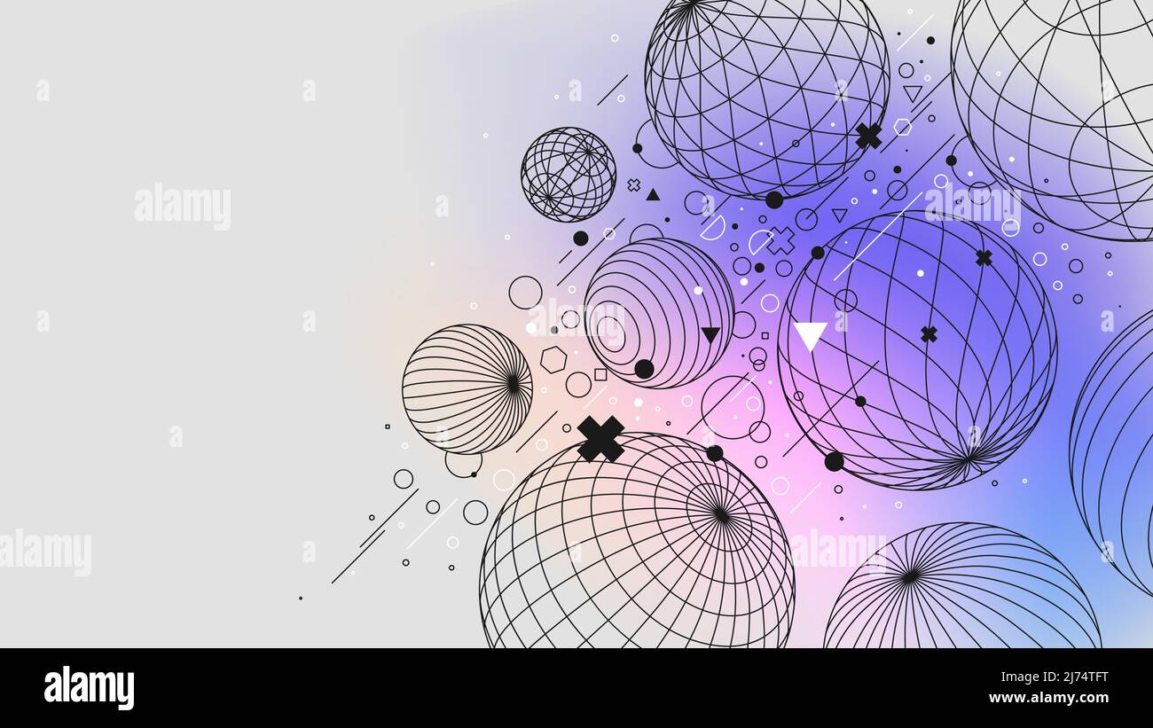Struttura di cerchi e sfere retroffuturistico sfondo gradiente astratto, Vector poster con strani wireframe di forme geometriche moderno desig Illustrazione Vettoriale