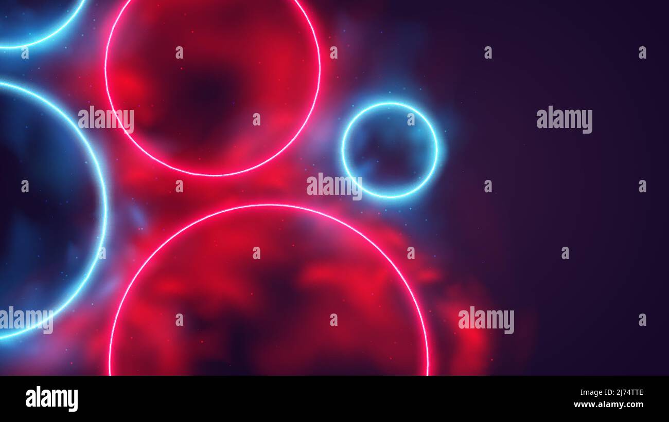 Cornici rotonde colorate incandescenti, raggi circolari al neon rosso e blu in fumo, sfondo cyber con spazio di copia, futuristica illustrazione vettoriale cyberpunk Illustrazione Vettoriale