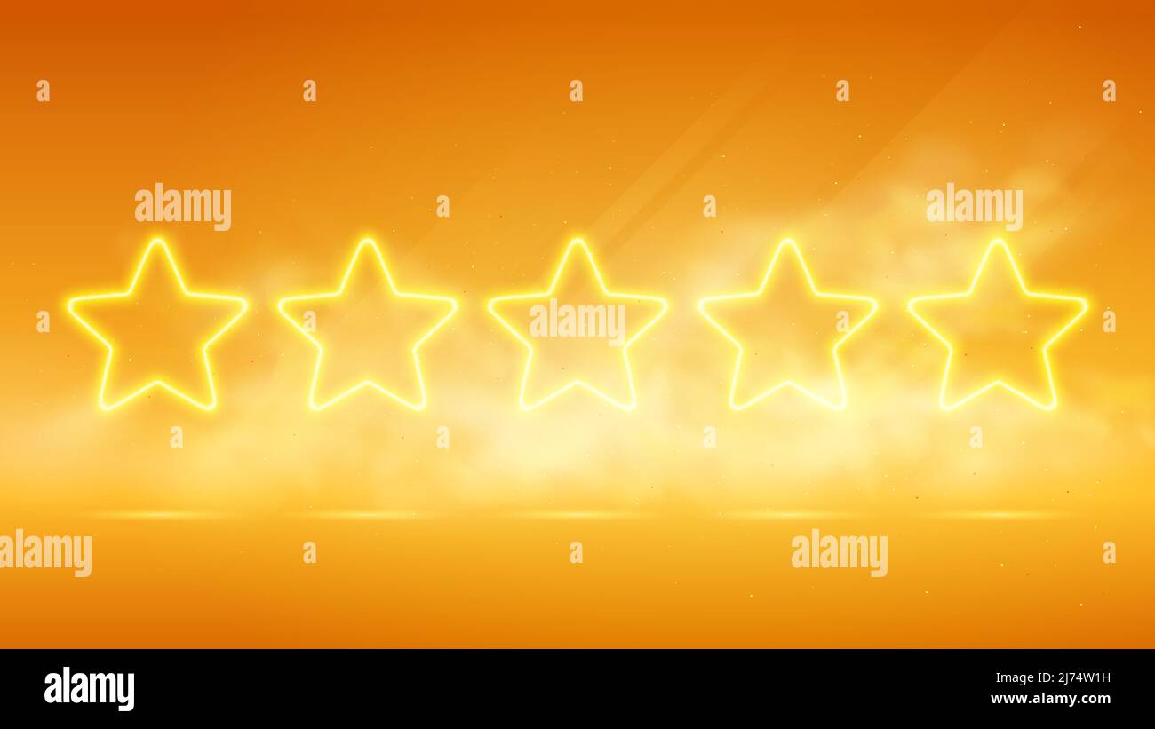 Cinque stelle gialle luminose, banner che mostrano la migliore qualità e la valutazione del prodotto valutata dagli utenti, tecnologia futuristica con arancio neon bagliore in smo Illustrazione Vettoriale