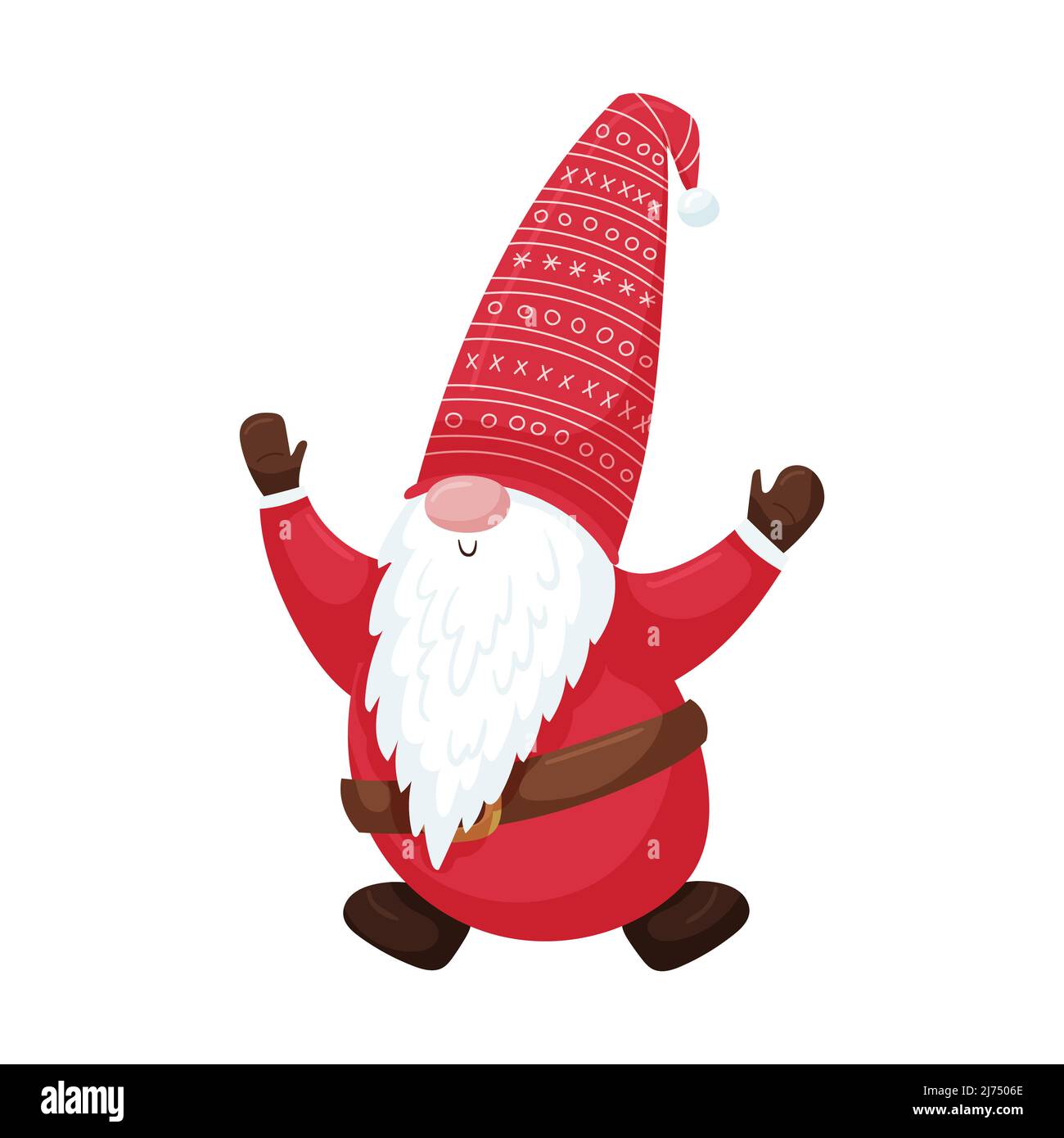 Uno gnomo di Natale con una barba in un cappuccio rosso e mittens salta in su. Il simpatico personaggio dei cartoni animati di Capodanno isolato su sfondo bianco. Vettore colore illus Illustrazione Vettoriale