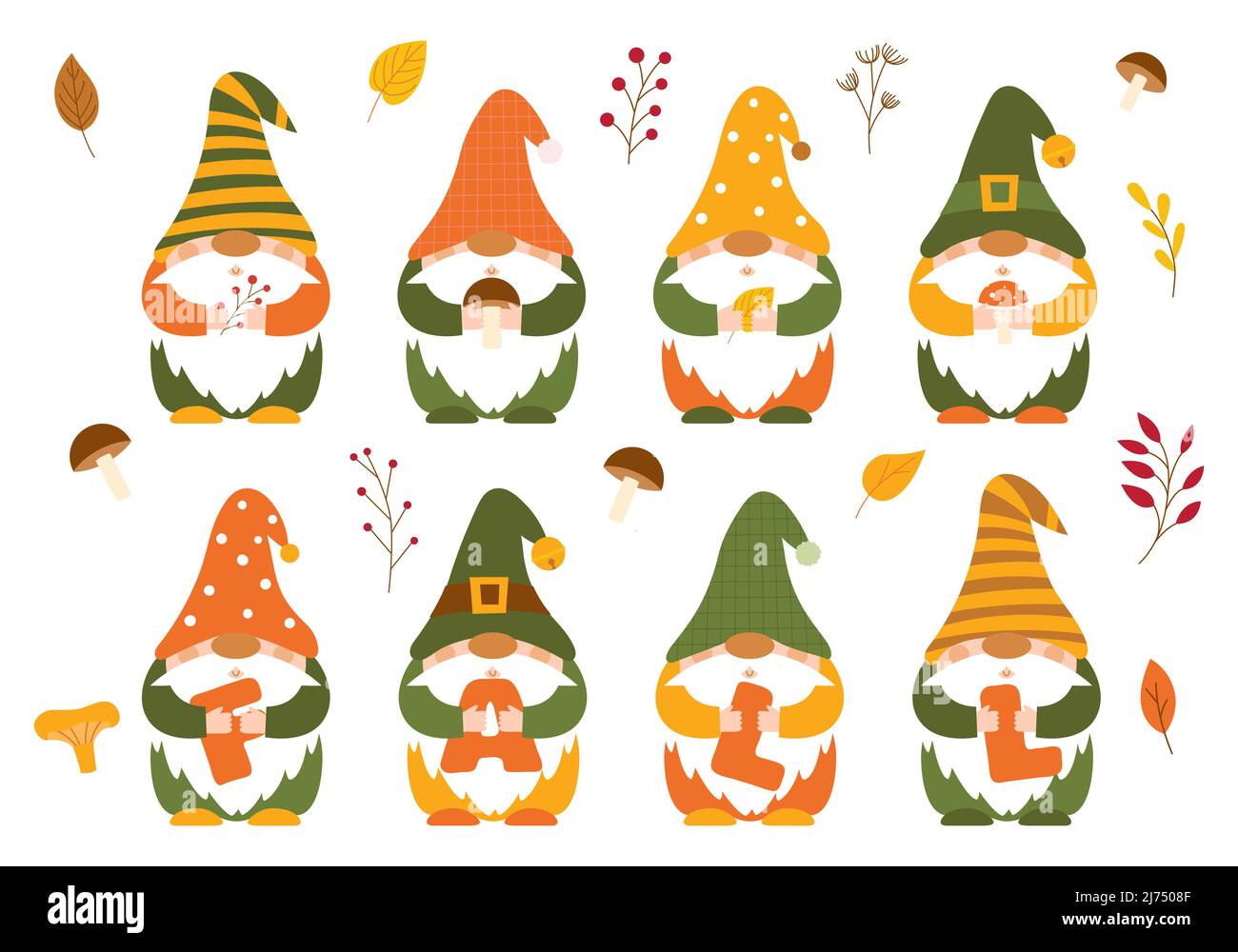 Una serie di piccole nane autunnali in caps, che tengono funghi, ramoscelli, bacche e le lettere CADONO nelle loro mani. Carino gnomes foresta piccola, cartone animato chara Illustrazione Vettoriale