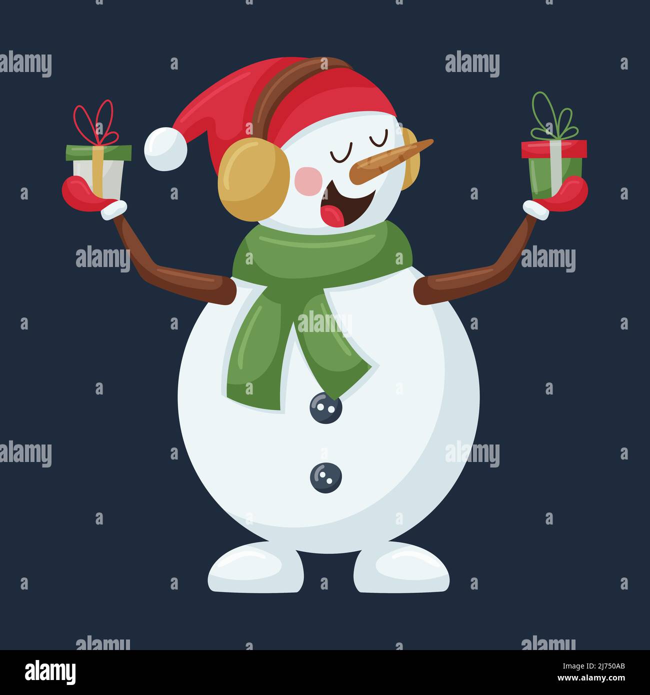 Un carino pupazzo di neve in un auricolare e una sciarpa verde tiene le scatole regalo nelle sue mani. Un personaggio cartoon natalizio in stile piatto è isolato su un bac scuro Illustrazione Vettoriale