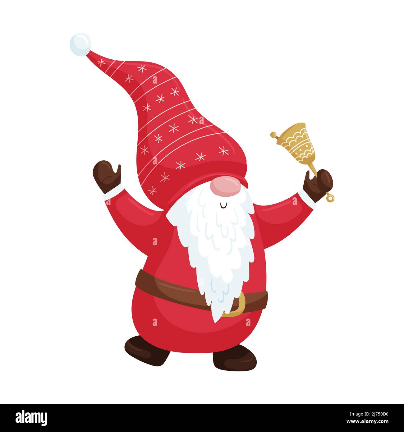 Uno gnomo di Natale con una barba in un cappuccio rosso tiene una campana nelle sue mani. Il simpatico personaggio dei cartoni animati di Capodanno isolato su sfondo bianco. Vettore colore Illustrazione Vettoriale