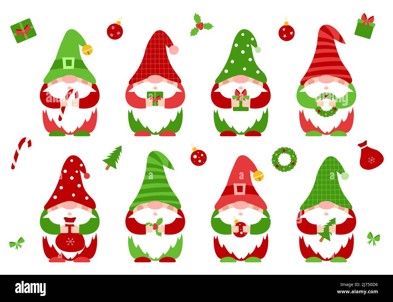 Una serie di piccoli nani di Natale in rosso, vestiti e cappelli verdi, che  tengono attributi di Capodanno nelle loro mani.carino gnomes piccoli,  personaggi cartoni animati Immagine e Vettoriale - Alamy