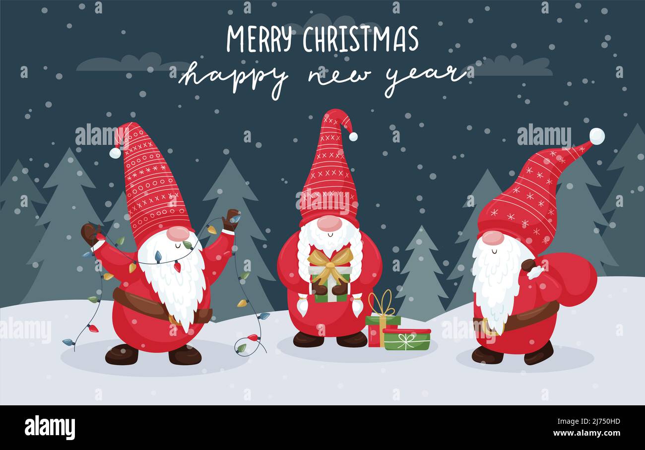 Biglietto d'auguri con tre nane carine di fronte a una foresta, ciuffi di neve. Gnomes con una ghirlanda e una borsa di regali. Illustrazione vettoriale con cartoon chara Illustrazione Vettoriale