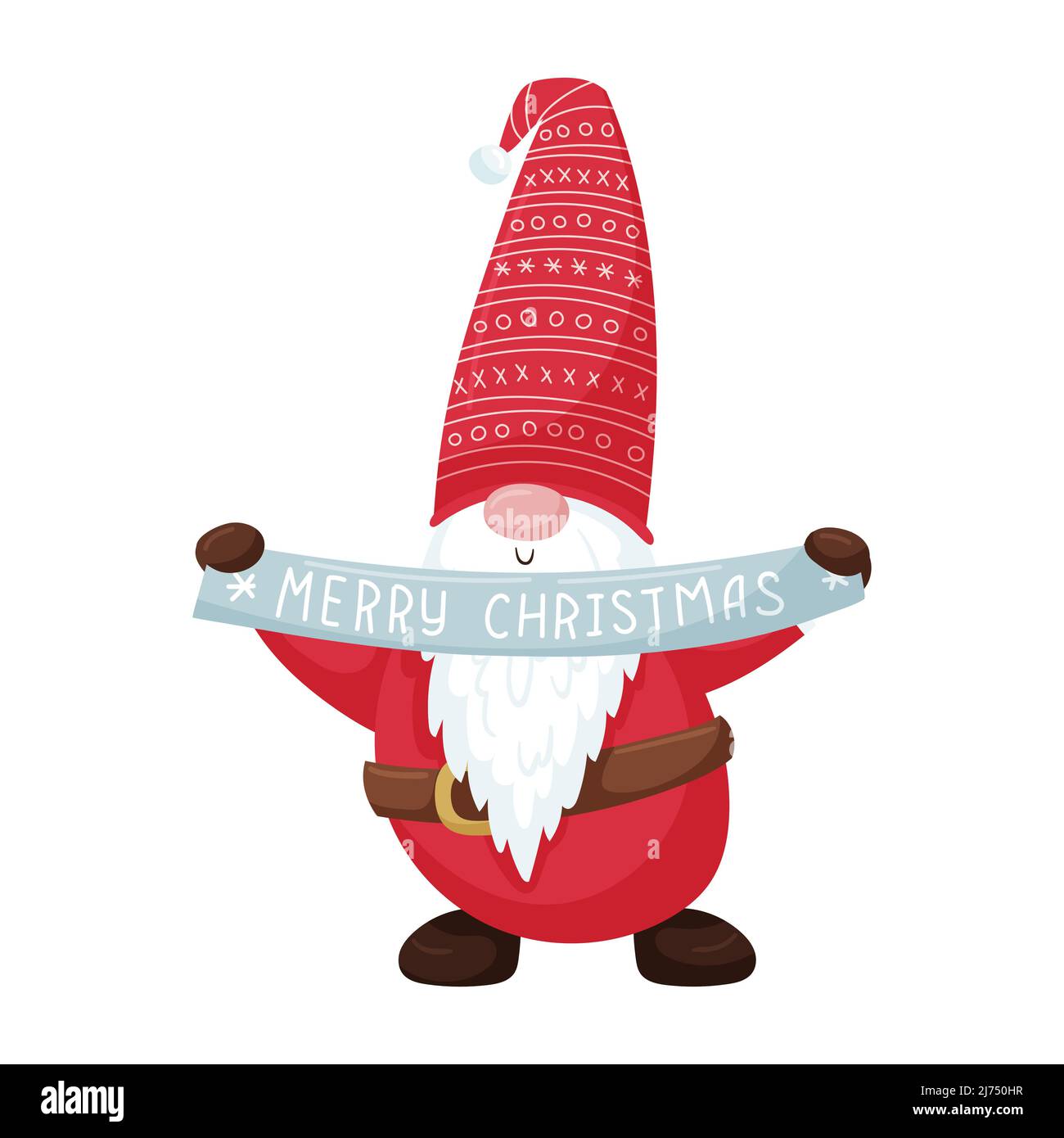 Uno gnomo di Natale con una barba in un cappello rosso tiene un nastro con le parole Natale allegro nelle sue mani. Il simpatico personaggio dei cartoni animati di Capodanno è stato isolato Illustrazione Vettoriale