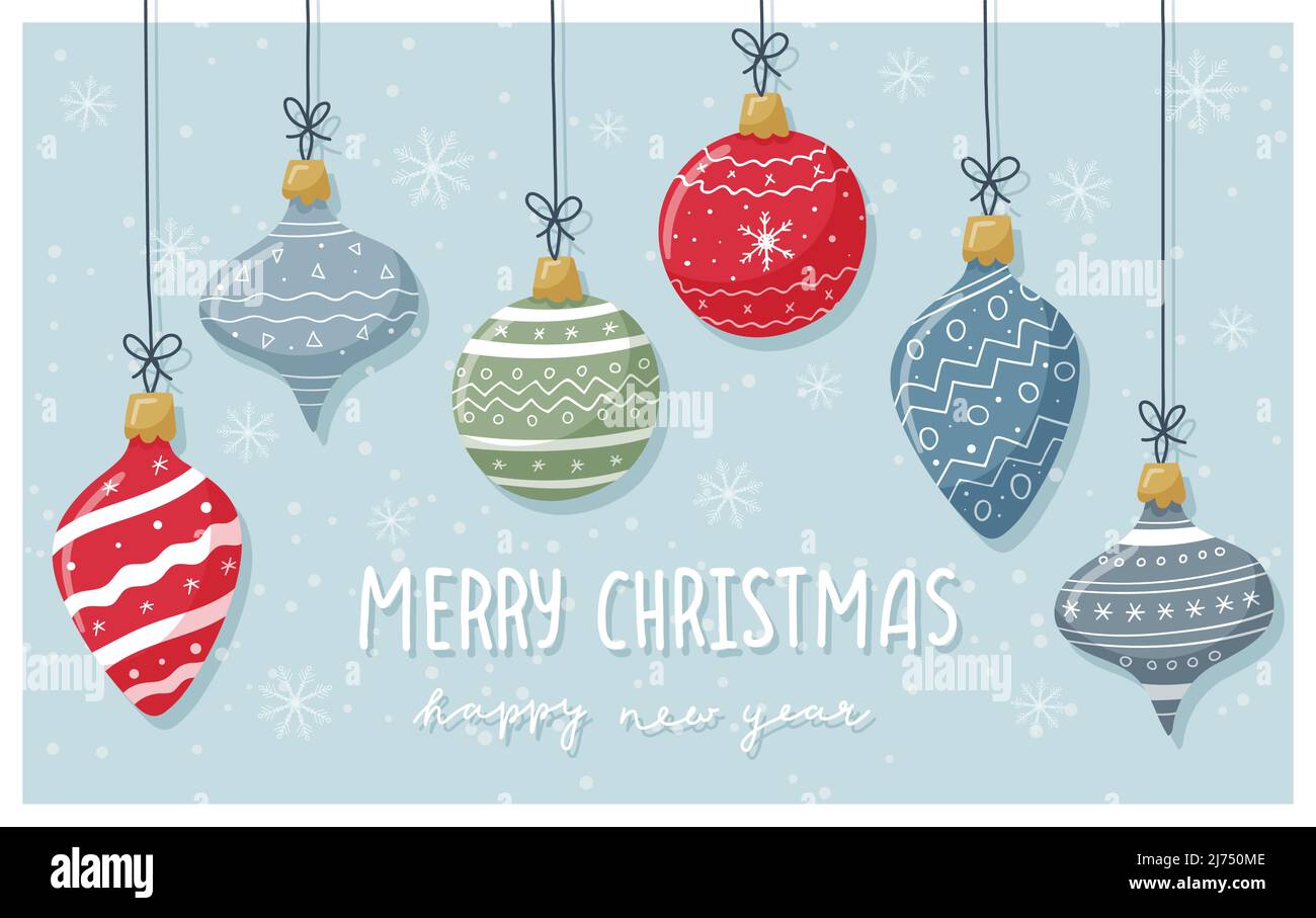 Un biglietto di auguri. Giocattoli di Natale con disegni e ornamenti disegnati a mano e parole scritte a mano buon Natale e Felice Anno Nuovo. Sfondo blu con Illustrazione Vettoriale