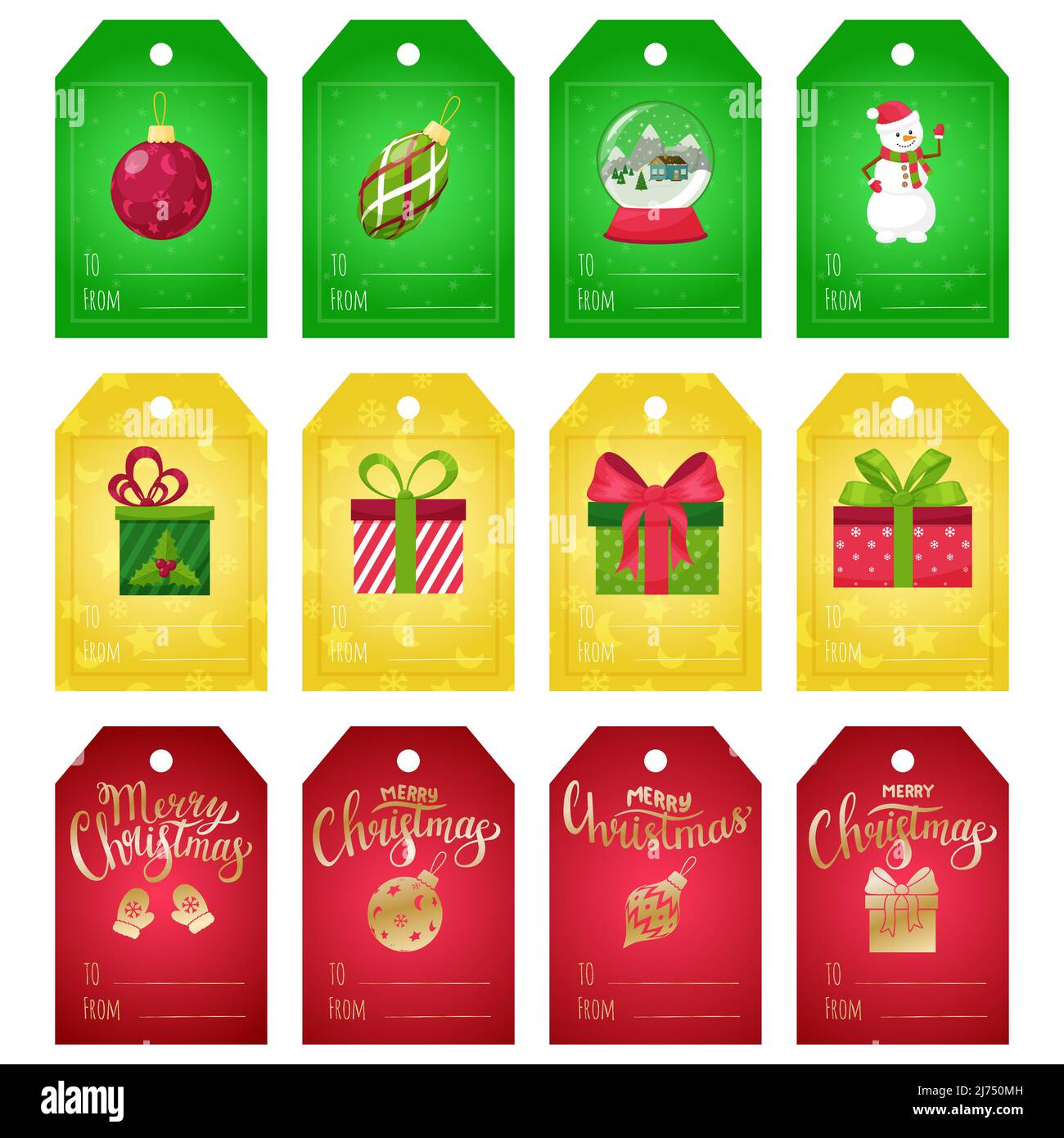 Un set di etichette regalo per regali di Natale. Tag con elementi di Capodanno - neve globo, pupazzo di neve, scatole regalo e Golden mano lettere Buon Natale. VEC Illustrazione Vettoriale