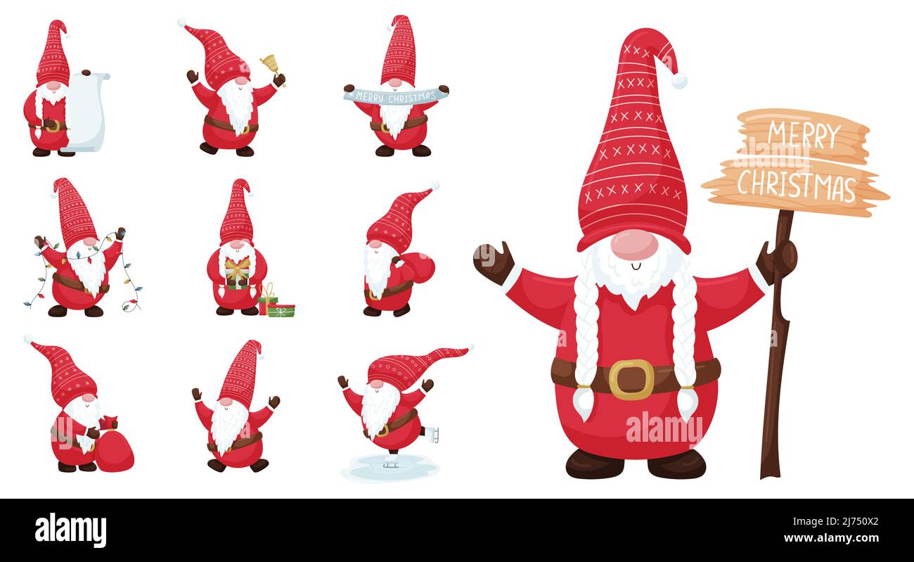 Una serie di gnomes di Natale in un vestito rosso e un cappello. In possesso di un regalo, una ghirlanda, un rotolo, una borsa di regali, pattinaggio. Una collezione di carino carino cartone animato Characte Illustrazione Vettoriale