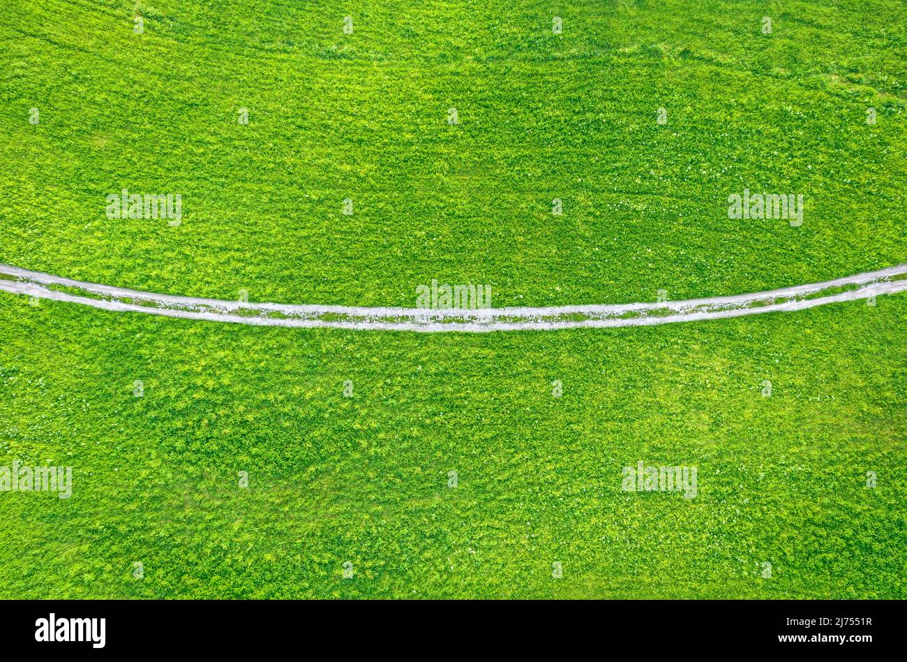 Strada di campagna non asfaltata attraverso il campo verde, vista drone dall'alto Foto Stock