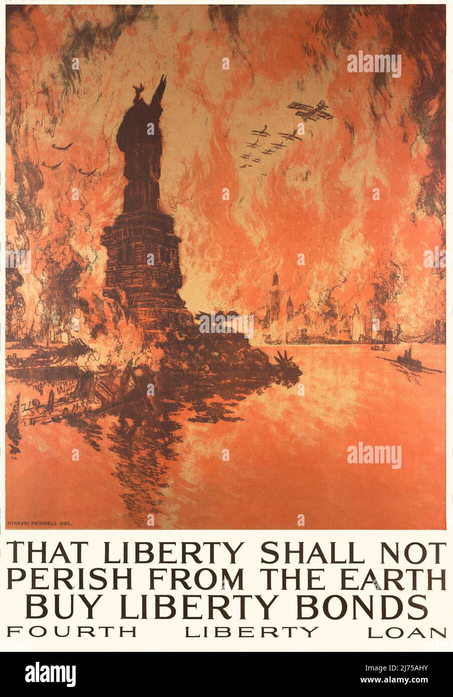 Un poster pubblicitario americano dei titoli di guerra della prima guerra mondiale del 20th-1914 1918, che mostra la Statua della libertà in rovina, e lo skyline di New York in fiamme. 1918. L'artista è Joseph Pennell (1857-1926) Foto Stock