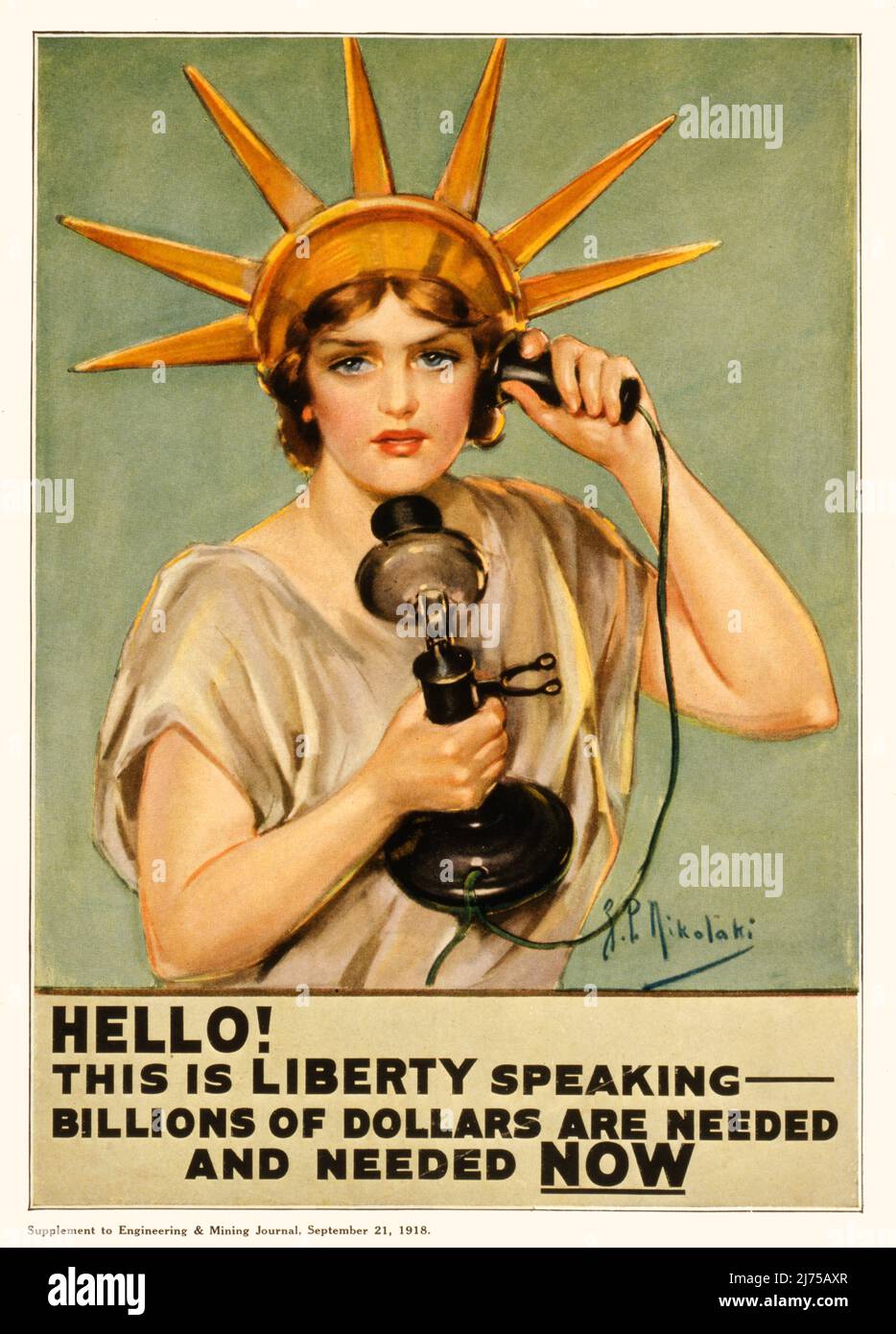 Un poster americano dei primi 20th anni della prima guerra mondiale, 1914-1918, per i titoli di guerra che mostrano la Statua della libertà al telefono. L'artista è Z P Nikolaki, (1879 - 1945) Foto Stock