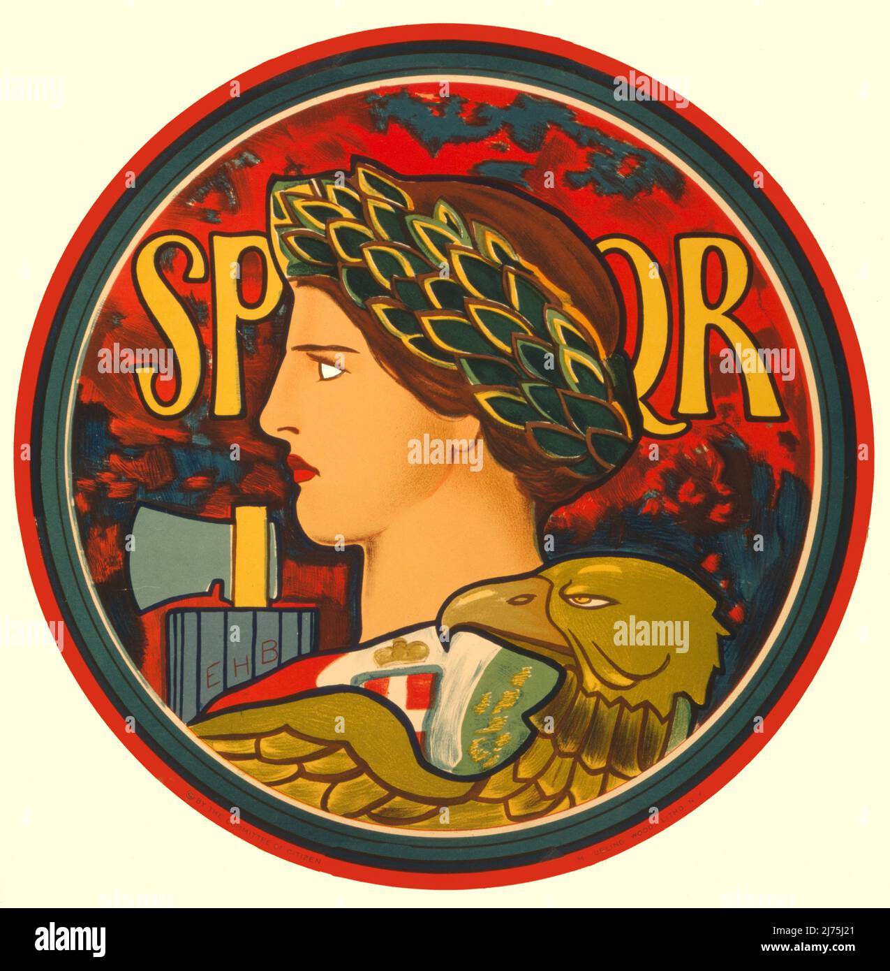 Un poster raffigurante la personificazione dell'Italia, raffigurata come donna che indossa la corona di olive di profilo all'interno di un bordo circolare, 1917. L'artista è Edwin Howland Blashfield (1848-1936) Foto Stock