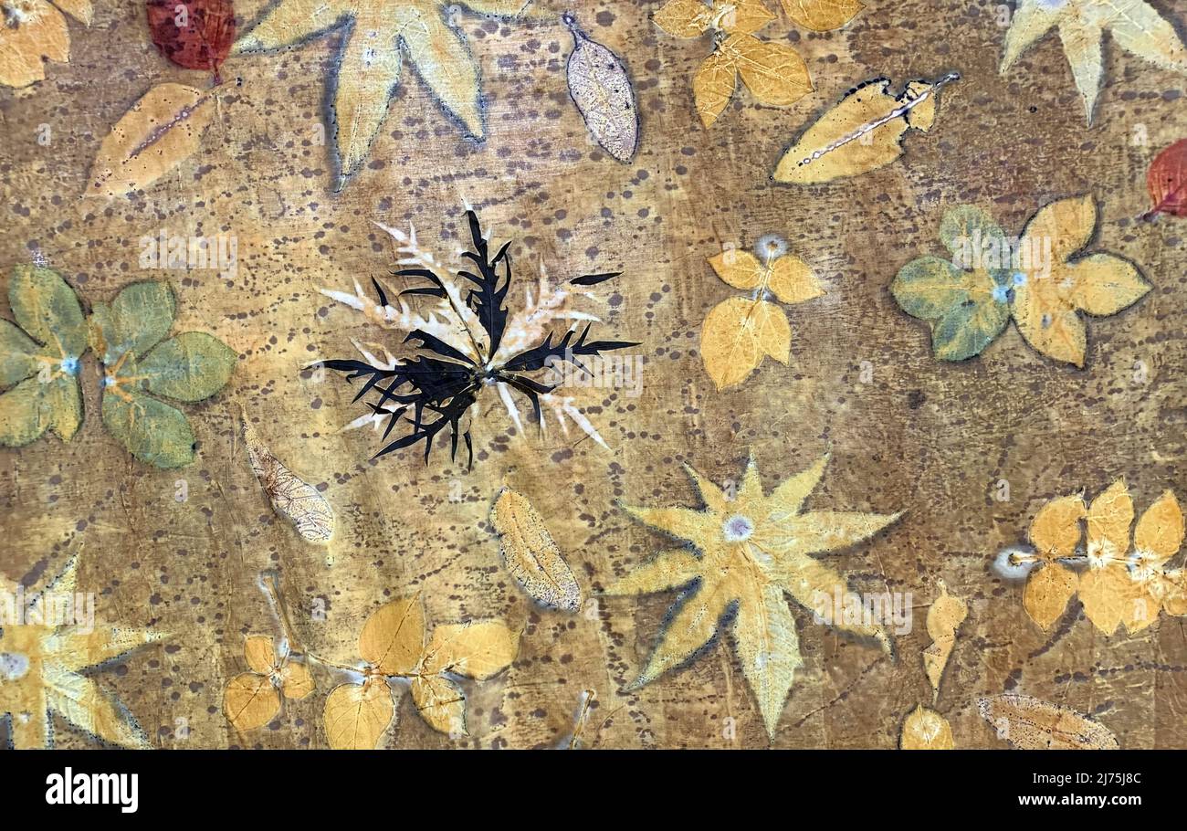 Yogyakarta, Indonesia - 11 dicembre 2021: Stampa ecologica, facendo un motivo con foglie e fiori su un pezzo di tessuto, a Yogyakarta, Indonesia Foto Stock