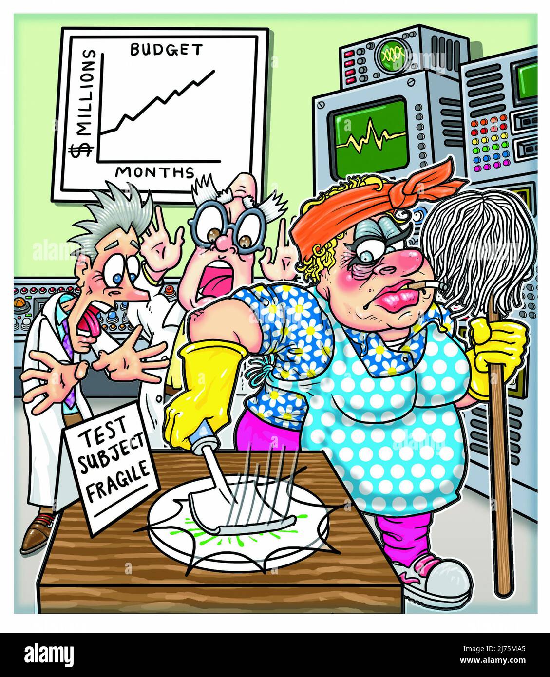 Laboratorio di scienza cartoon, gli scienziati guardano, orribili, come più pulito uccide il loro soggetto di prova. Concetto: Disastri di laboratorio, errori di scienza che hanno funzionato, possibilità Foto Stock