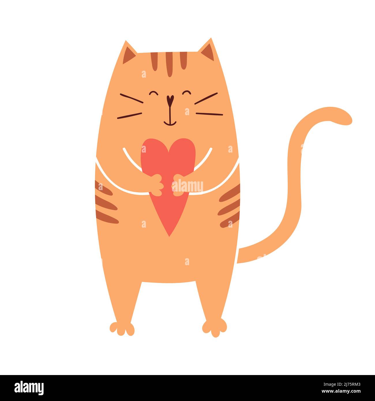 Un carino gatto cartoon tiene un cuore nelle sue zampe e sorrisi. Buon personaggio adorabile per le carte San Valentino. Illustrazione vettoriale isolata su un bianco Illustrazione Vettoriale