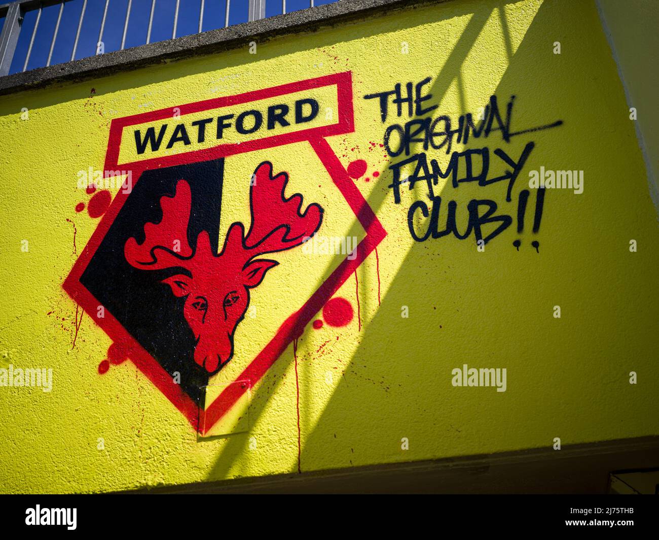 Il murale del Watford FC adorna la metropolitana che conduce al Vicarage Road Stadium, che riflette la storia, la passione e l'orgoglio che gli appassionati del Horne hanno sentito Foto Stock