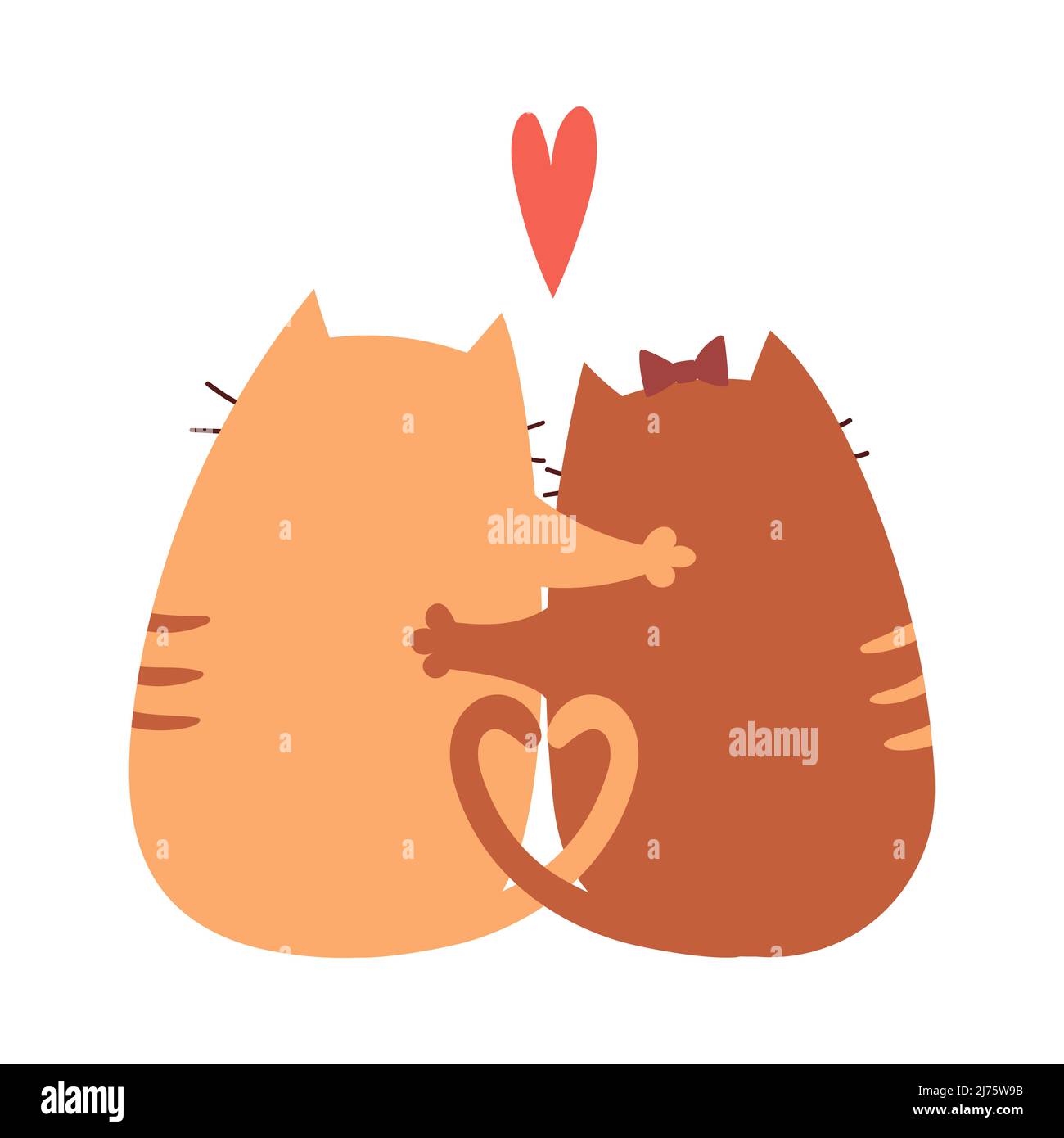 I gatti carini dei cartoni animati in amore sono seduti abbracciando. Personaggi felici e adorabili per i biglietti d'auguri di San Valentino. Illustrazione vettoriale isolata su un bianco Illustrazione Vettoriale