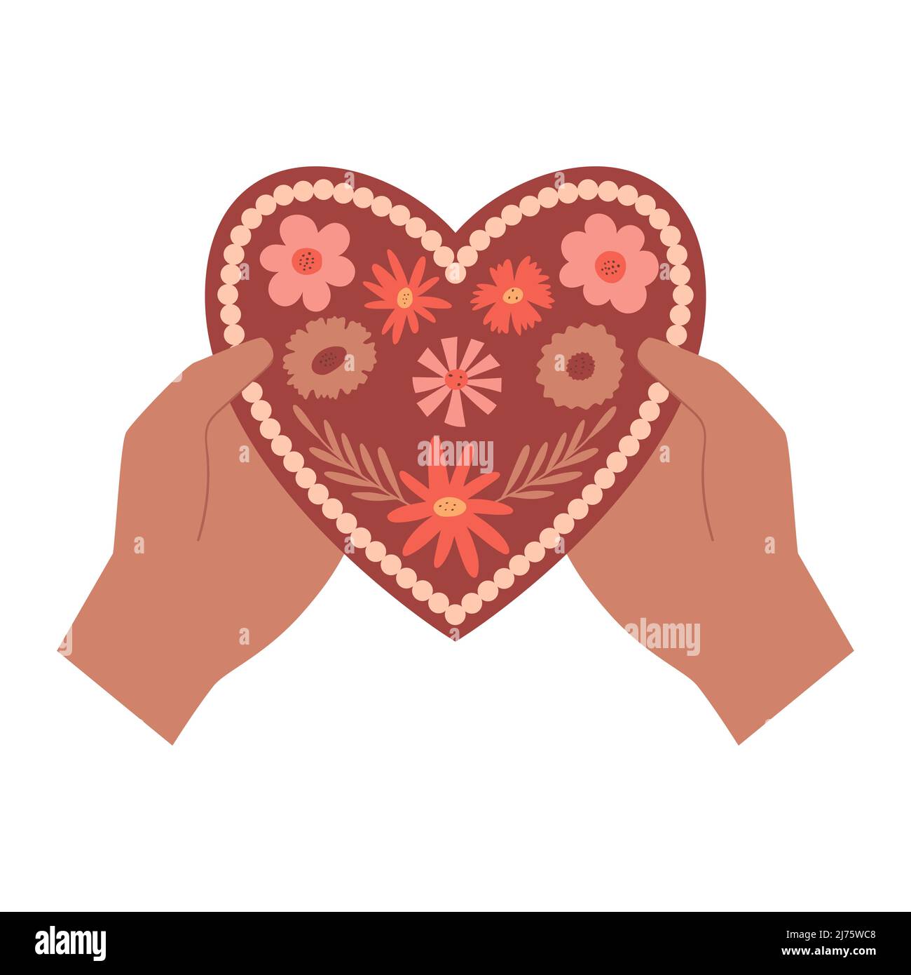 Le mani umane danno una carta di valentine nella forma di un cuore, con un motivo floreale. Simbolo di amore, romanticismo, gratitudine. Boho San Valentino. Colore ve Illustrazione Vettoriale