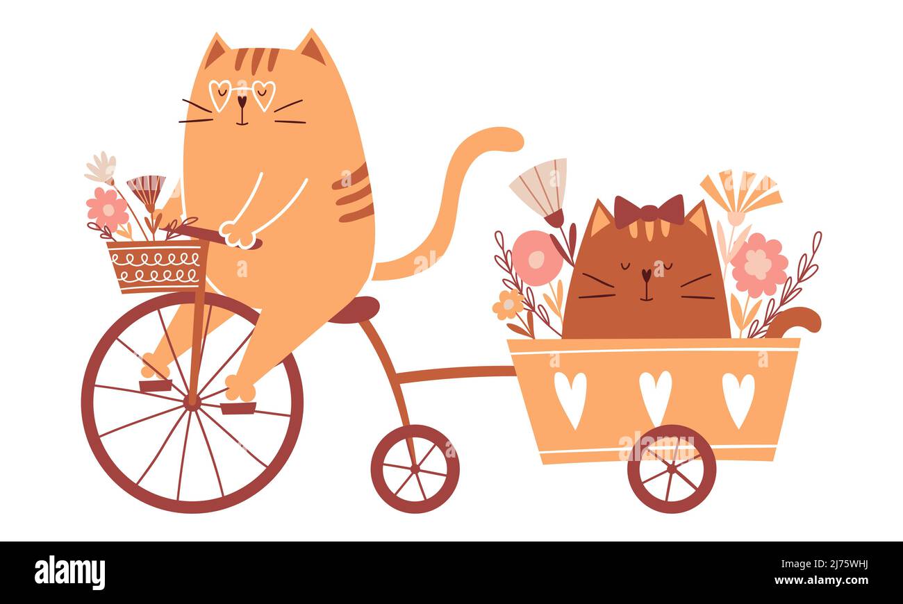 Carino gatto cartoon ride una bicicletta e porta un gatto in un carrello con fiori. Personaggi felici e adorabili per i biglietti del giorno di San Valentino. Vettore childish illus Illustrazione Vettoriale