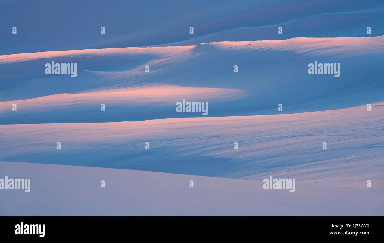 Copertura di neve ondulata illuminata arancione dalla luce soffusa del sole che tramonta. Alpi Lechtal, Austria Foto Stock