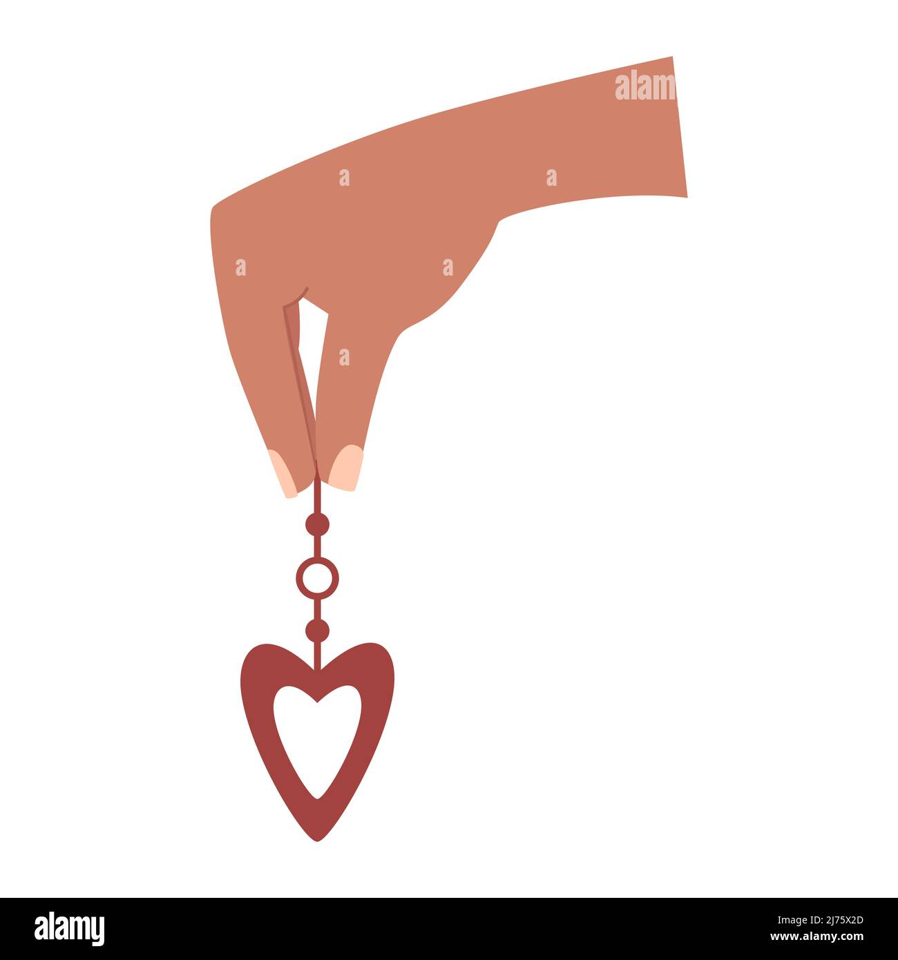 Una mano umana tiene un elemento boho o un orecchino con un cuore e un cerchio con due dita. Simbolo di amore, romanticismo, gratitudine. Boho San Valentino Illustrazione Vettoriale