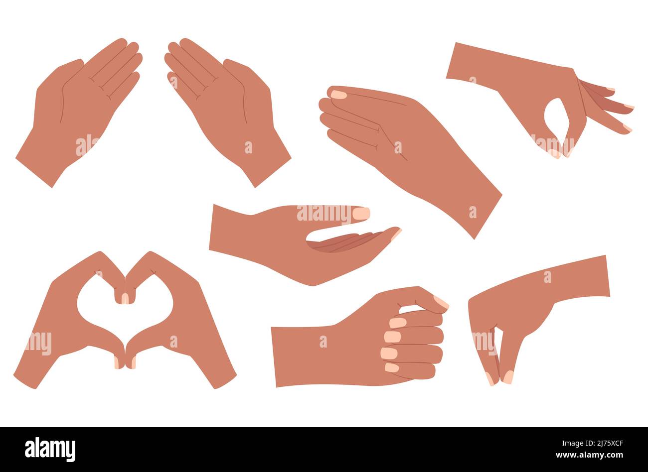 Un set con mani umane vuote. La mano tiene, dà, raffigura un gesto del cuore, tiene con due dita, un gesto di pizzicamento. Cartoon mani con pelle scura. VEC Illustrazione Vettoriale
