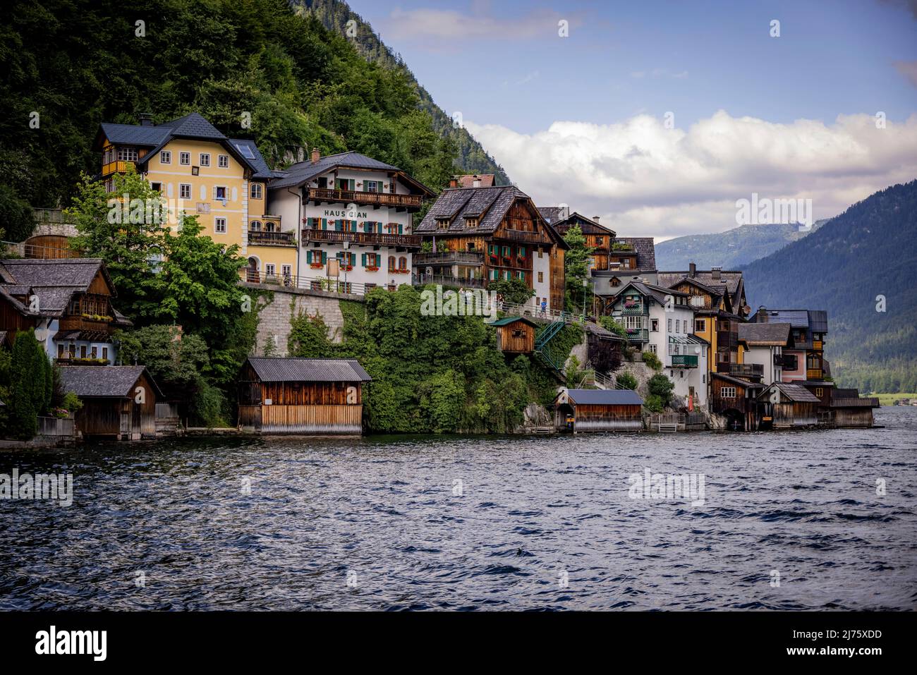 Famoso villaggio di Hallstatt in Austria, un sito patrimonio mondiale, Foto Stock