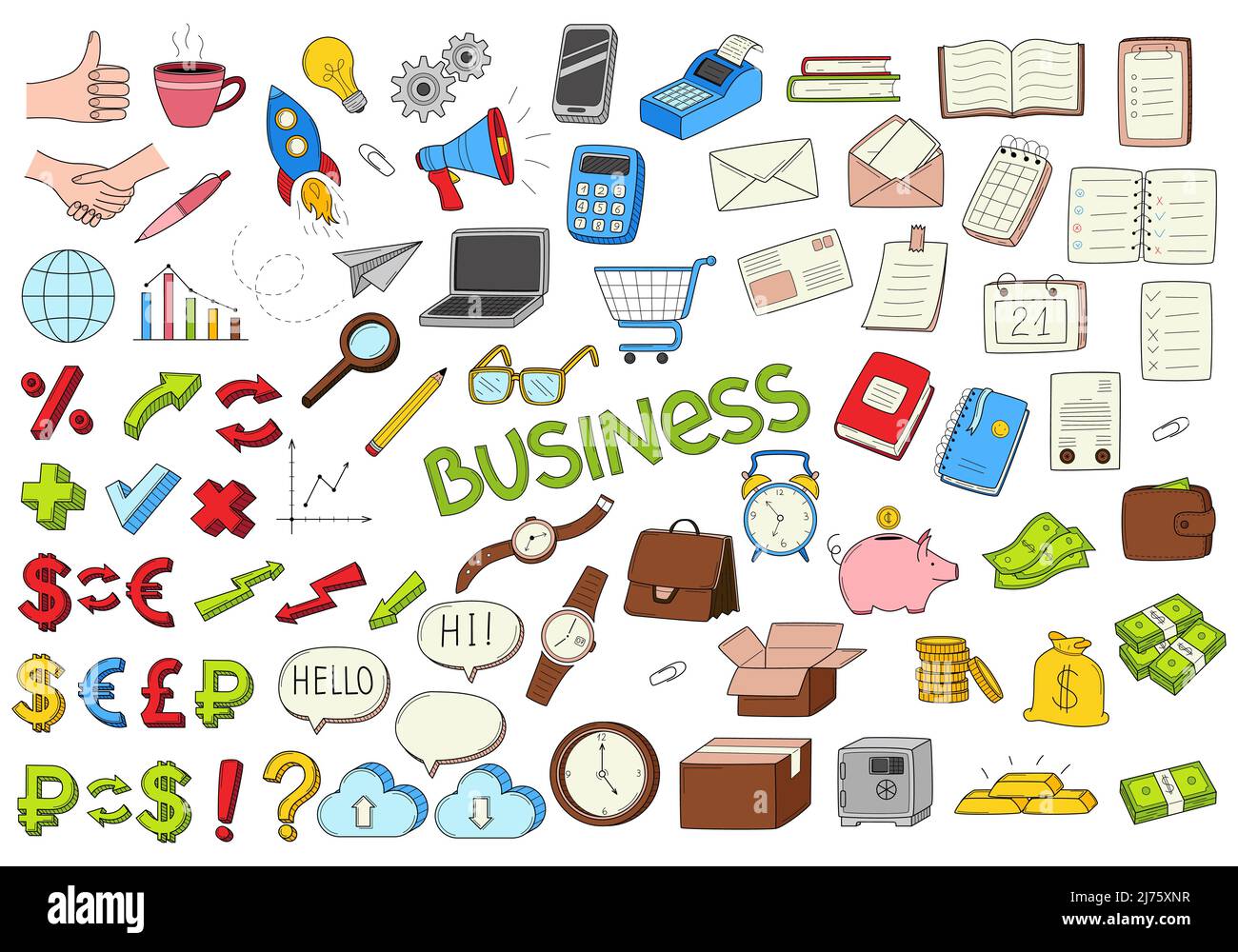 Una grande collezione di elementi decorativi colorati a forma di barbatella. Simboli di Business, startup, banca, valuta, denaro. Illustrazione vettoriale a colori disegnata a mano. IO Illustrazione Vettoriale