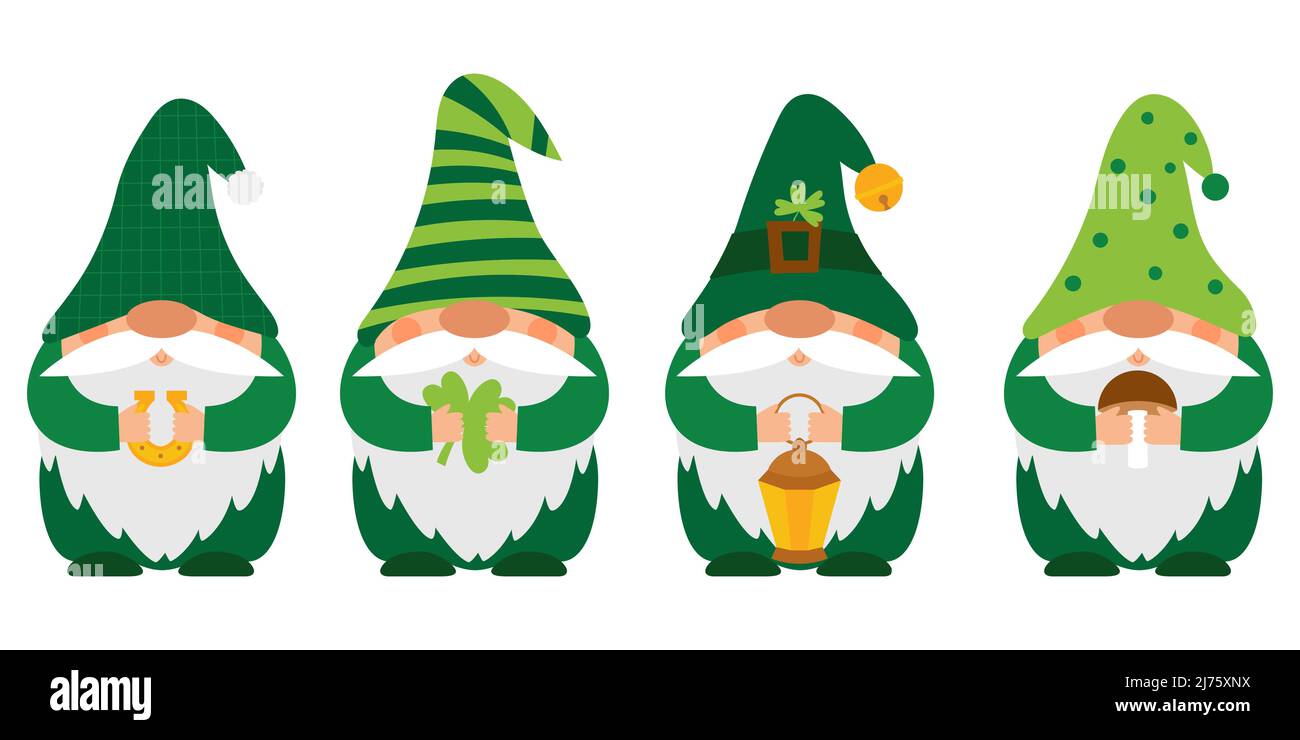 Una serie di piccole nane paunchy in berretti verdi che tengono in mano trifoglio, ferro di cavallo, lanterna, fungo. Gnomes piccolo bearded della foresta, carino charact dei cartoni animati Illustrazione Vettoriale