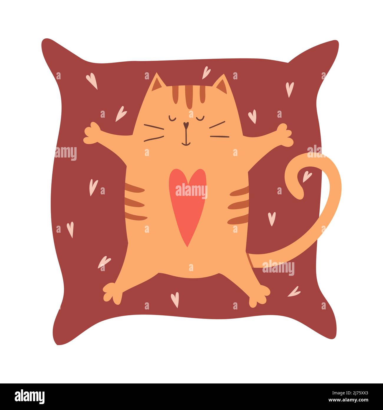 Un carino gatto cartoon con un cuore sul suo stomaco si trova su un cuscino con le zampe sparse. Un semplice personaggio adorabile per l'auto di saluto di San Valentino Illustrazione Vettoriale