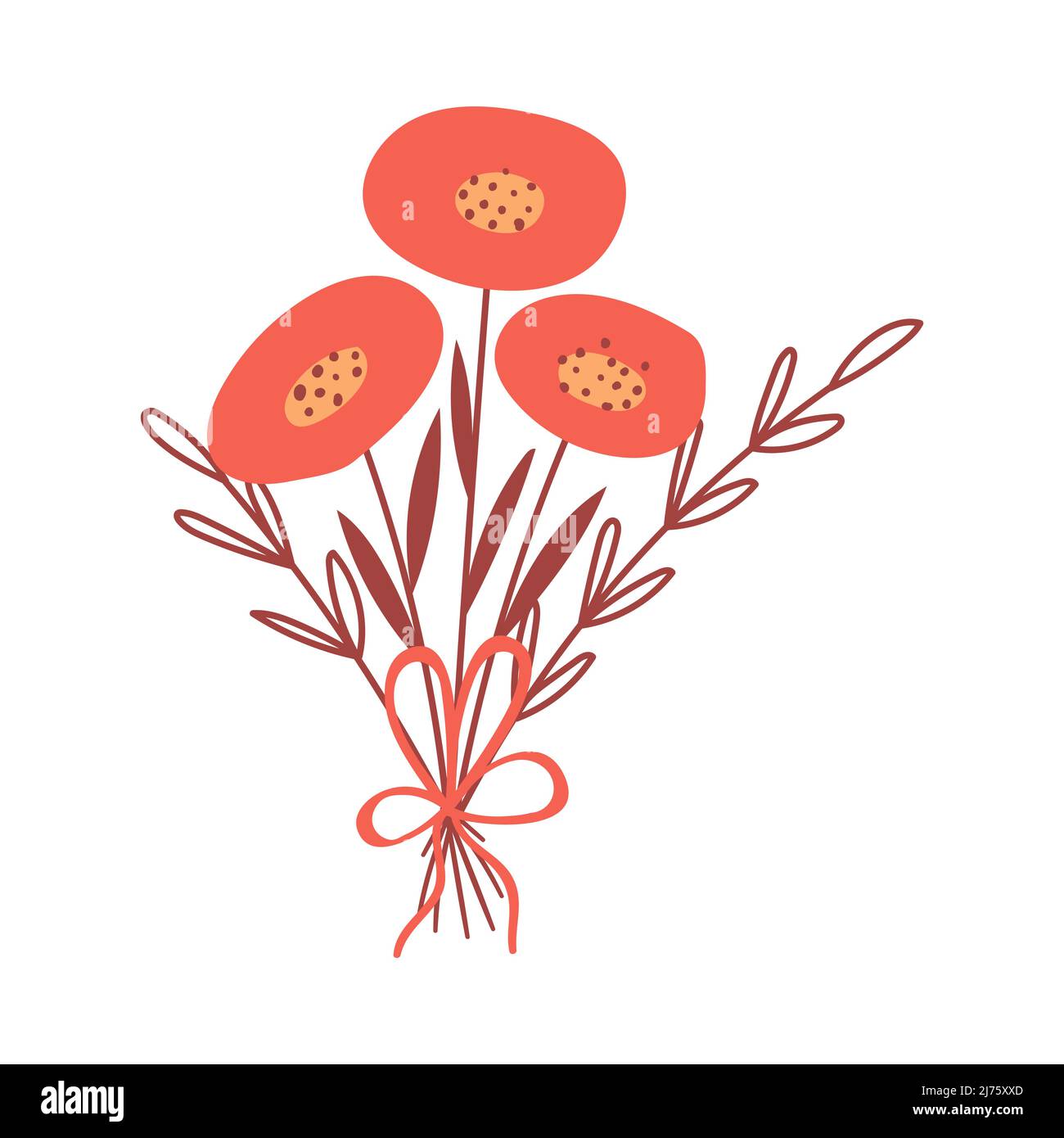 Una semplice disposizione floreale con fiori e un arco. Un bouquet con fiori rossi astratti e ramoscelli. Illustrazione botanica vettoriale isolata su un bianco b Illustrazione Vettoriale