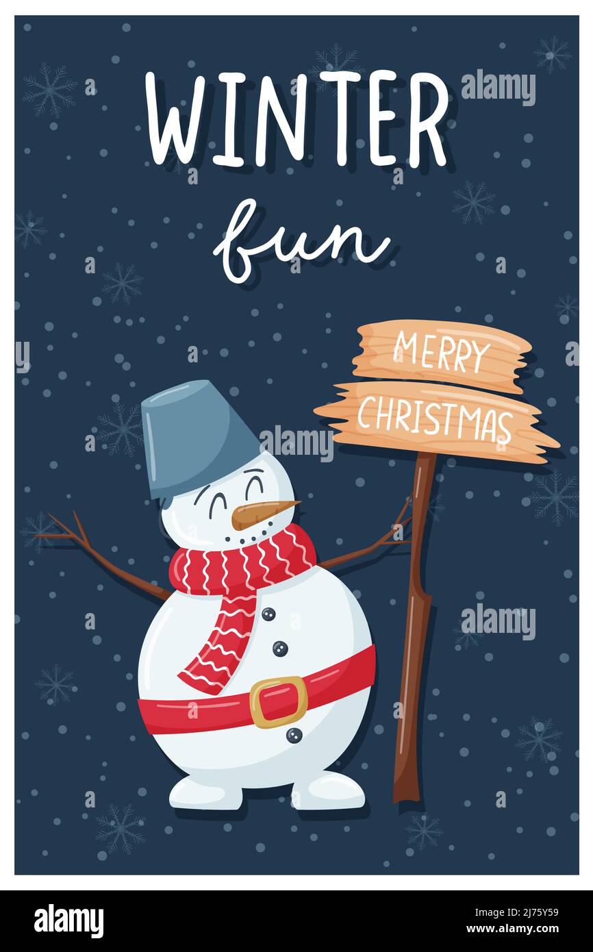Biglietto di auguri di Natale. Un pupazzo di neve con un secchio e un cartello di buon Natale su sfondo scuro con fiocchi di neve. Lettere a mano - divertimento invernale. Carino fl Illustrazione Vettoriale