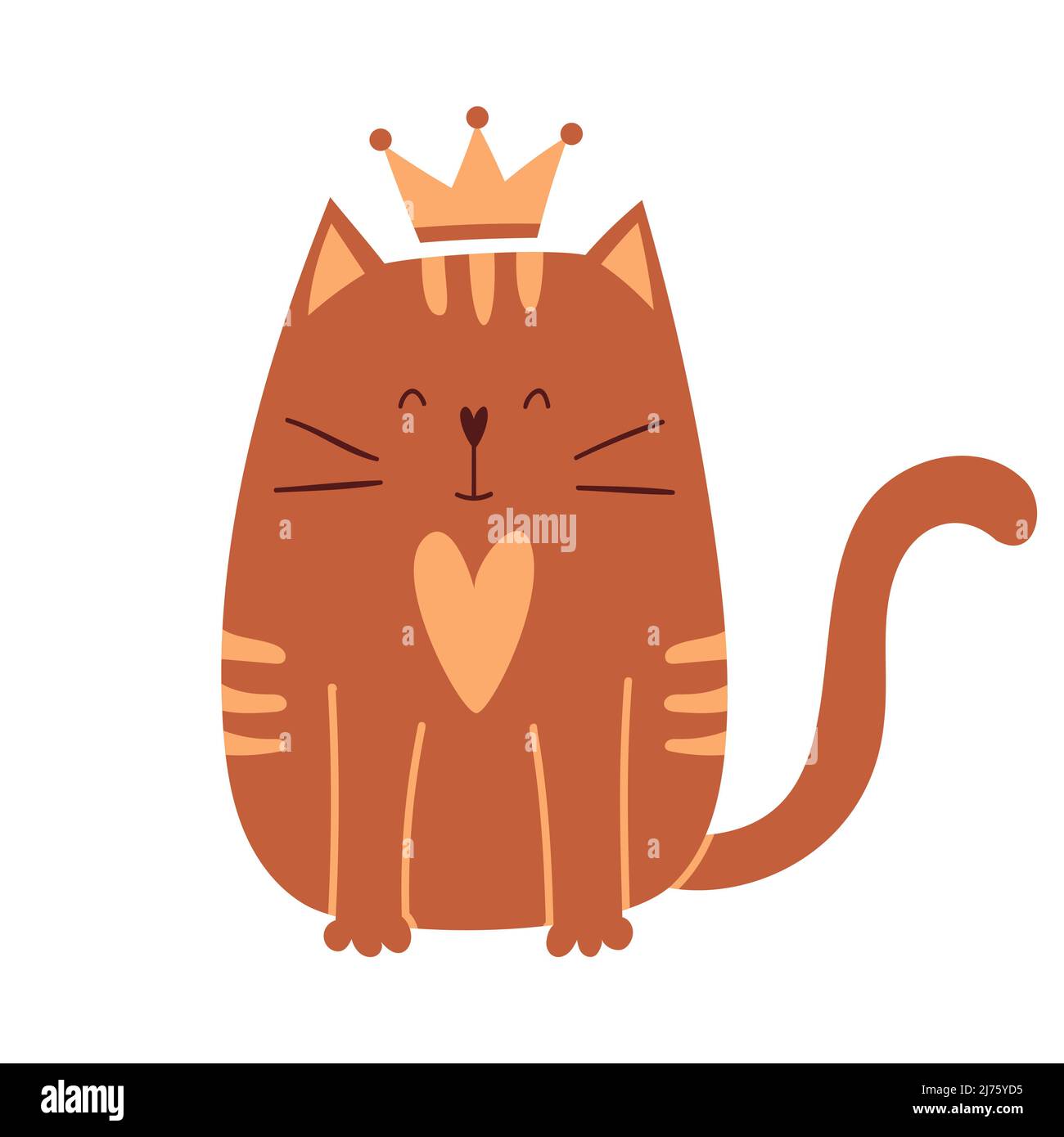 Carino gatto cartoon con una corona sulla testa si siede e sorride. Un semplice personaggio adorabile per i biglietti d'auguri di San Valentino. Illustratio vettore infantile Illustrazione Vettoriale