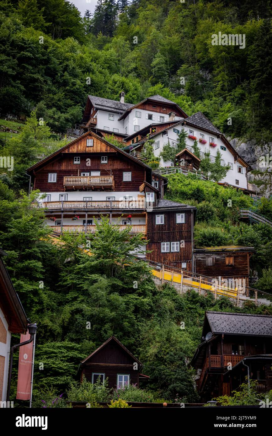 Famoso villaggio di Hallstatt in Austria, un sito patrimonio mondiale, Foto Stock