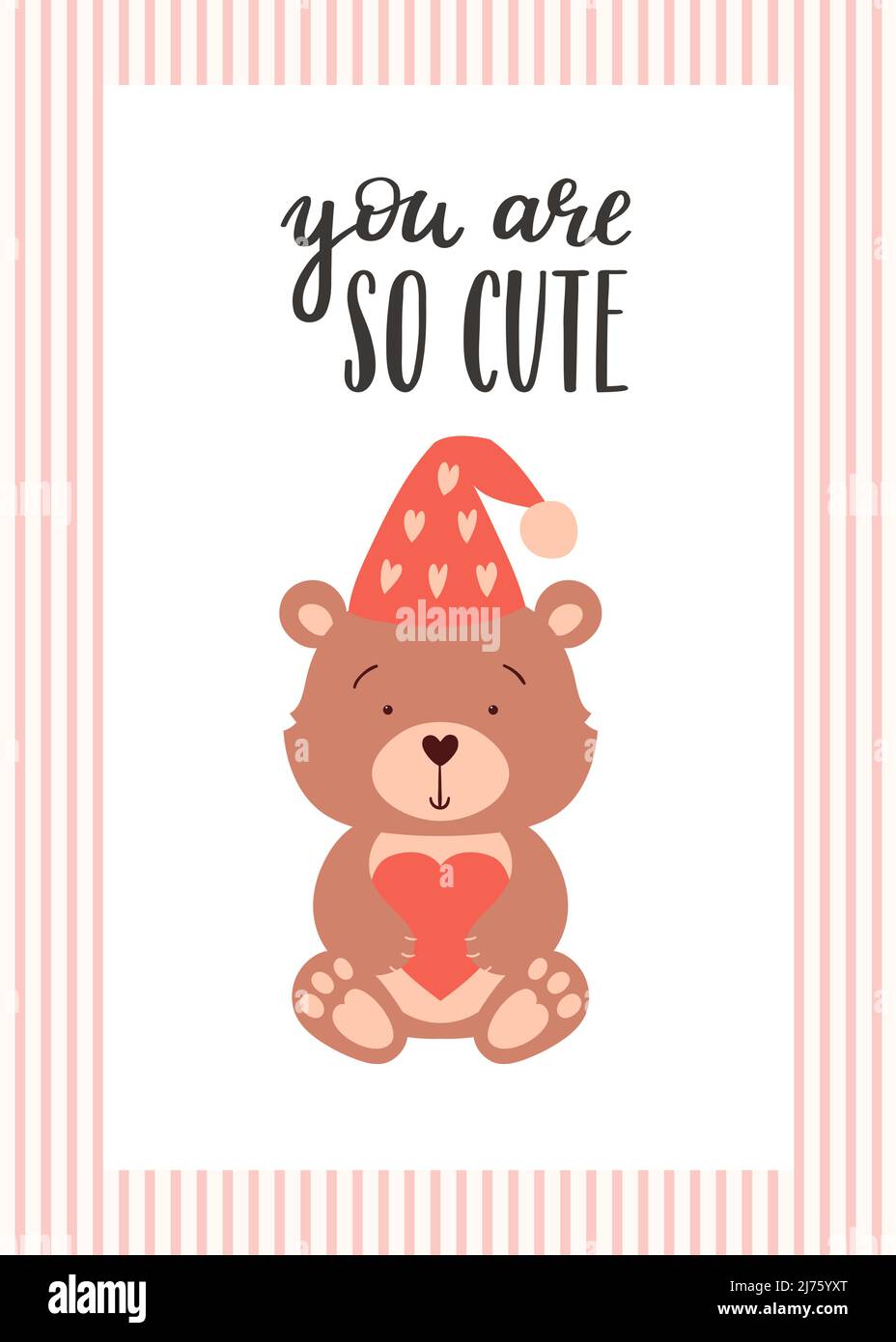 Una carta di San Valentino con un orso carino che tiene un cuore e una frase scritta a mano - sei così carino. Un simbolo di amore, romanticismo. Colore illust vettoriale piatto Illustrazione Vettoriale