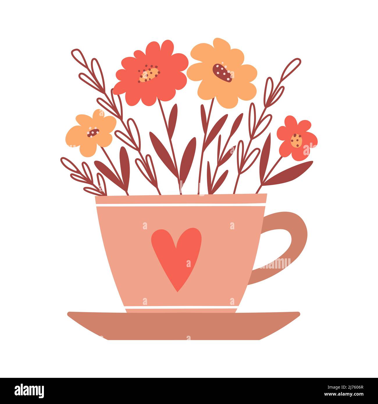 Bouquet con semplici fiori rossi e gialli e rametti in una tazza con cuore e piattino. Elemento decorativo per carte San Valentino. Semplice colore piatto Illustrazione Vettoriale