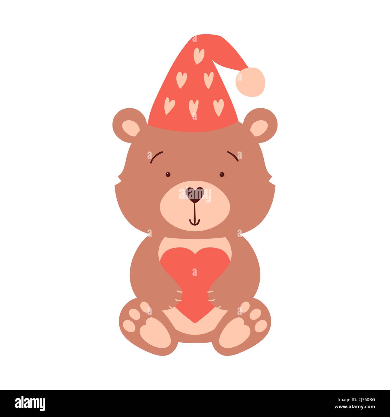 Un orso carino in un cappello si siede e tiene un cuore nelle sue zampe. Un personaggio in stile cartoon, un elemento decorativo per le carte di San Valentino. Vettore colore illus Illustrazione Vettoriale