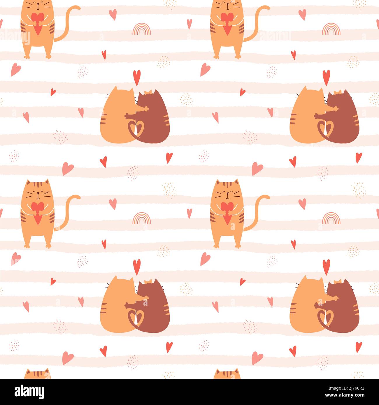 Modello senza cuciture con gatti abbraccianti carini e un gatto che tiene un cuore nelle sue zampe. Sfondo testurizzato a righe con arcobaleno, cuori. Per la progettazione di imballaggi f Illustrazione Vettoriale